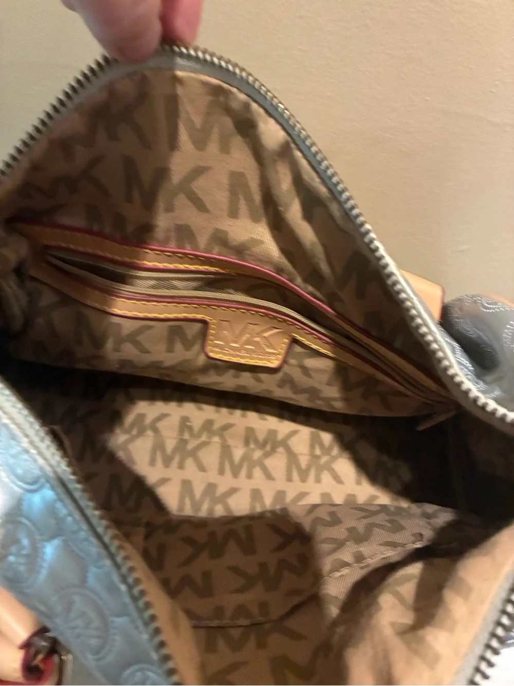 Michael Kors Silver Logo-Embossed Satchel with Tan Handles